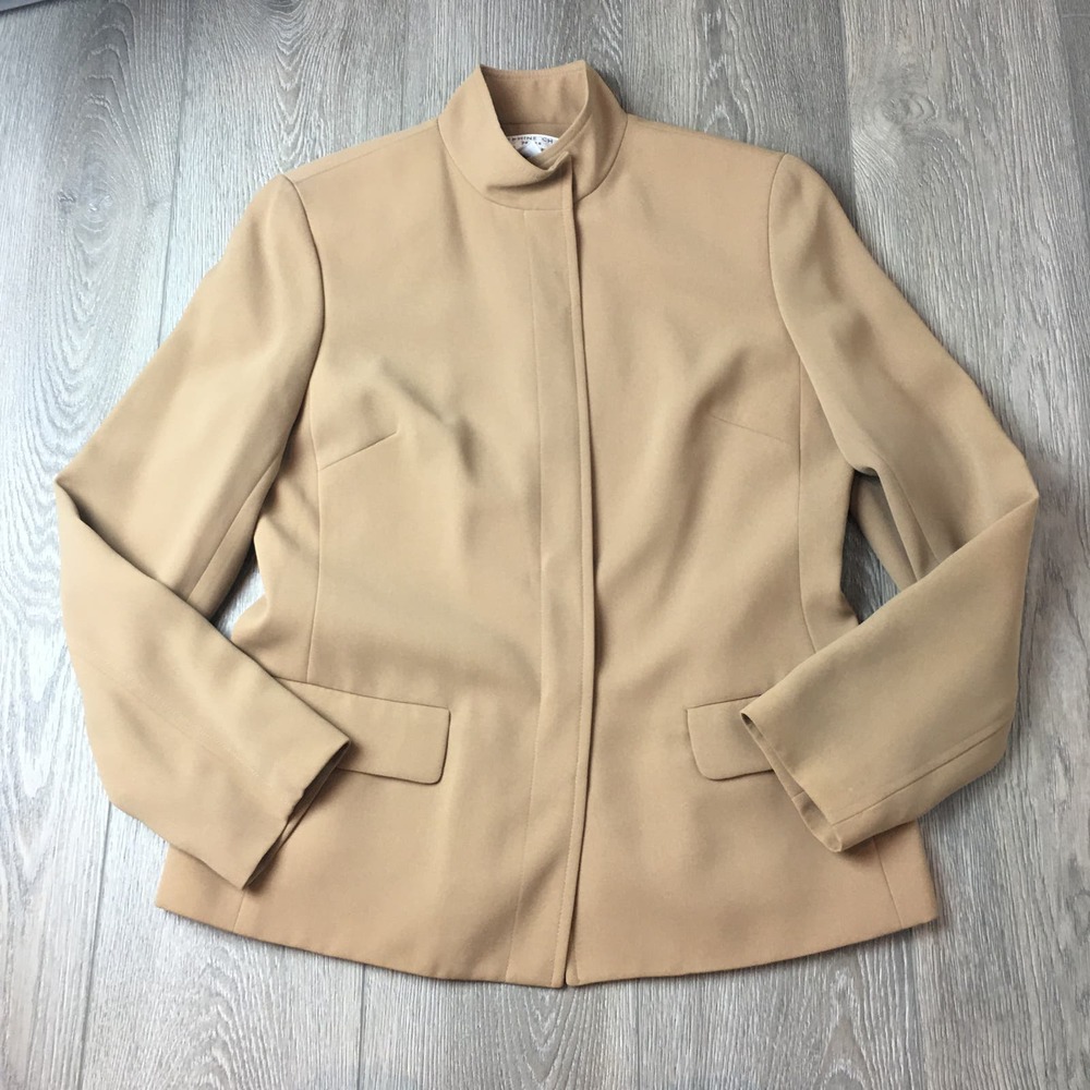 Josephine Chaus Blazer Jacket Mock Neck Concealed Buttons Tan Size 8